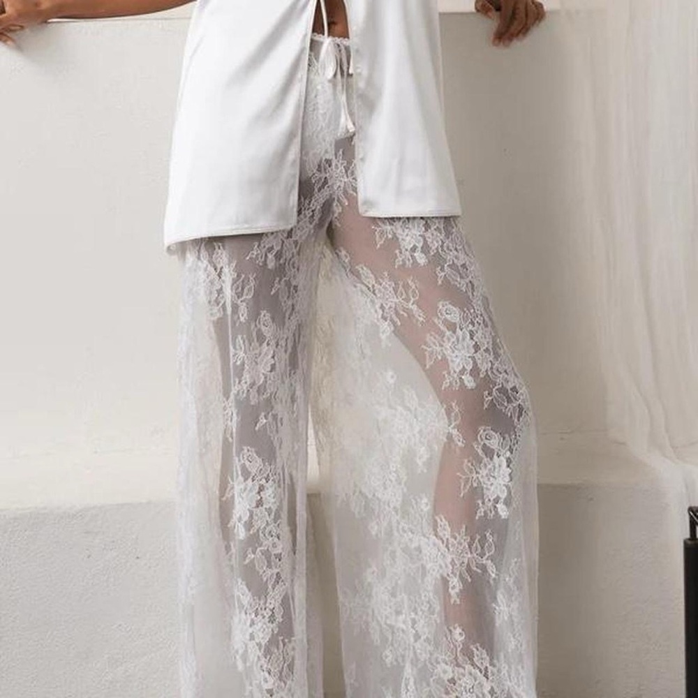 SOLD Kat The Label Lottie ivory Sheer
Lace Wide-Leg Pants